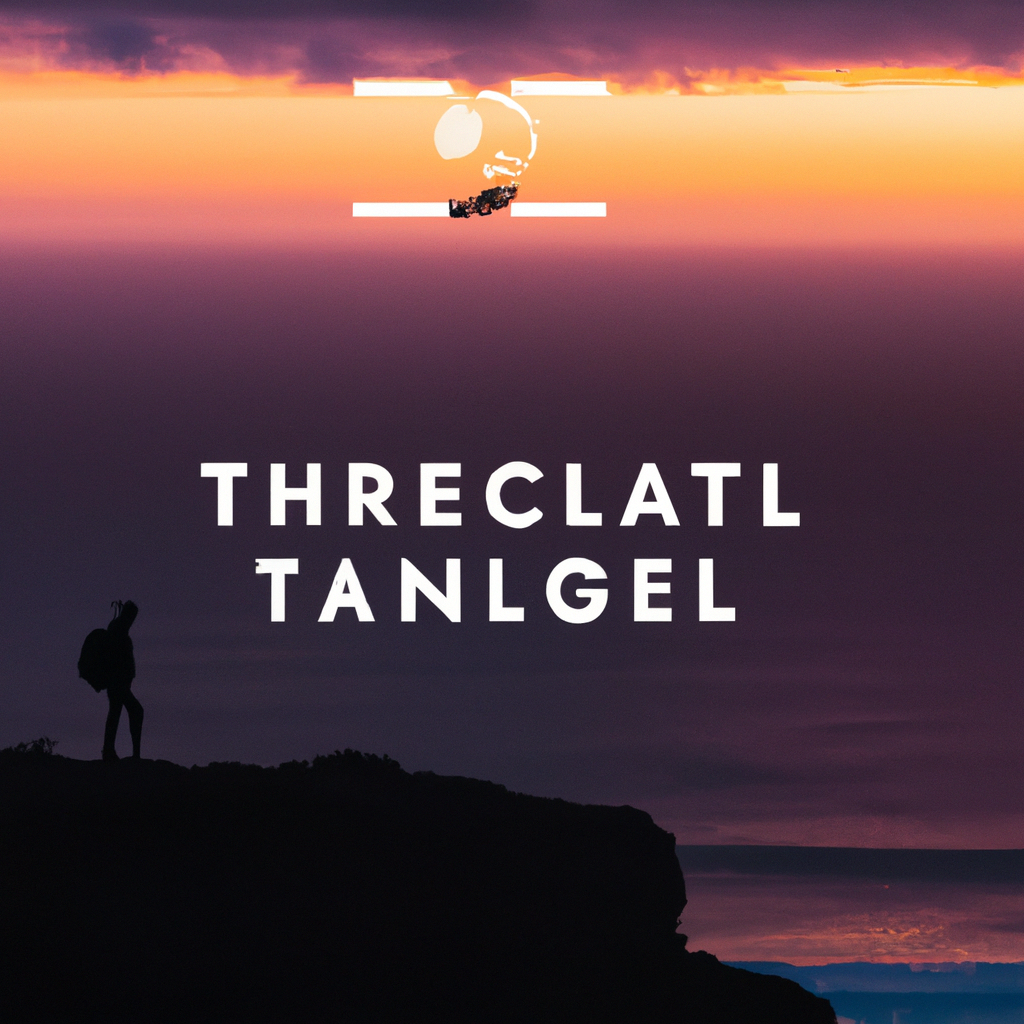 A sweeping coastal aerial with layered neon tones and a traveler silhouette