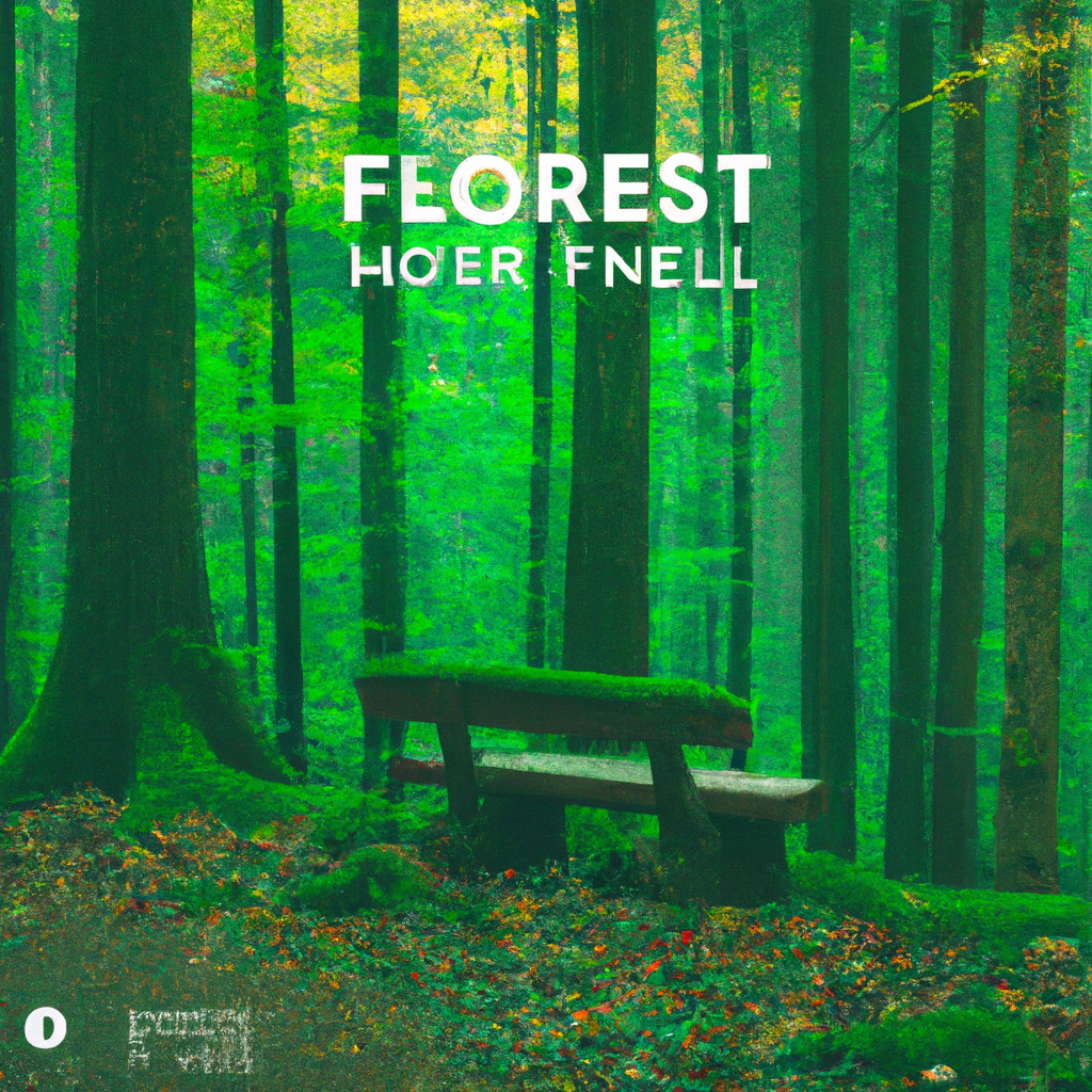 A silent forest path with neon-green moss and a single bench